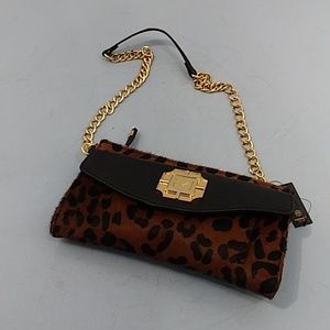 Monet Leather Clutch Removable Chain Strap Leopard Print Black/Brown 6" X 9.5"